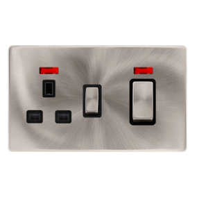 Brushed Steel Screwless Plate Cooker Control Ingot 45A With 13A Switched Plug Socket & 2 Neons - Black Trim - SE Home