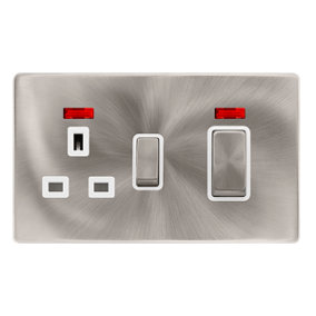 Brushed Steel Screwless Plate Cooker Control Ingot 45A With 13A Switched Plug Socket & 2 Neons - White Trim - SE Home