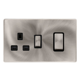 Brushed Steel Screwless Plate Cooker Control Ingot 45A With 13A Switched Plug Socket - Black Trim - SE Home