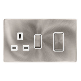 Brushed Steel Screwless Plate Cooker Control Ingot 45A With 13A Switched Plug Socket - White Trim - SE Home
