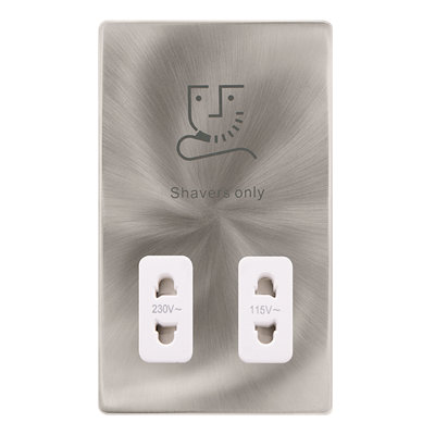 Brushed Steel Screwless Plate Shaver Socket 115v/230v - White Trim - SE Home