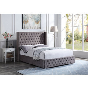 Brushed Velvet Upholstered Double Ottoman Bed Frame With Tall Winged Headboard