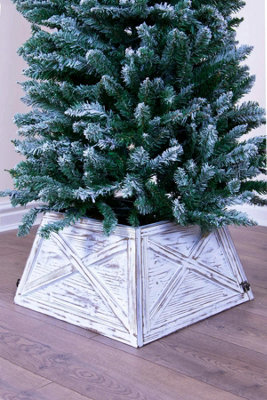 Brushed White & Gold Wooden Christmas Tree Skirt (Fits 4ft-6ft Trees)