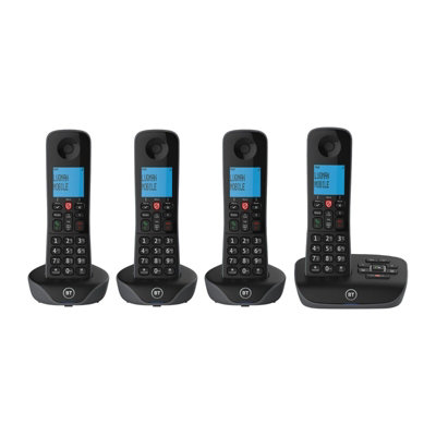 BT Essential 60848 Cordless Home Phone, Answering Machine, Black, Quad Pack
