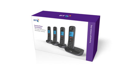 BT Essential 60848 Cordless Home Phone, Answering Machine, Black, Quad Pack