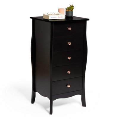 BTFY Black 5 Drawer Narrow Chest of Drawers Tallboy Dresser Clothes Cabinet with Rose Gold Handles