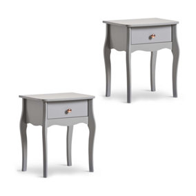 BTFY Grey Bedside Tables Set of 2, Pair of Baroque Vintage Style Bedside Drawers w/Rose Gold Handle & Curved Legs for Bedroom