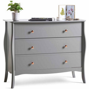 BTFY Grey Chest of Drawers, Baroque Design Bedroom Drawers w/ 3 Drawers, Vintage Style Dresser w/ Curved Legs & Rose Gold Handles