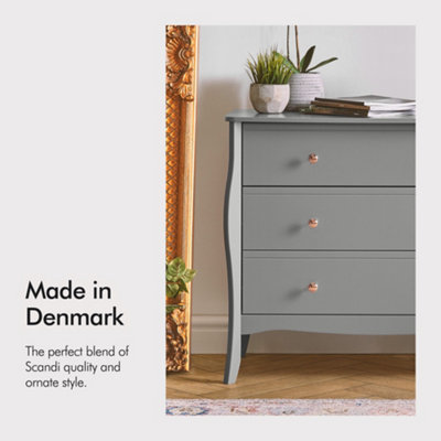 BTFY Grey Chest of Drawers Baroque Design Bedroom Drawers w 3 Drawers Vintage Style Dresser w Curved Legs Rose Gold Handles