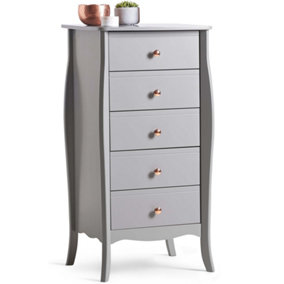 BTFY Grey Chest of Drawers, Tall 5 Drawer Dresser, Baroque Bedroom Drawers, Clothes Cabinet with Curved Legs & Rose Gold Handles