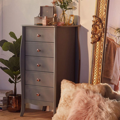 BTFY Grey Chest of Drawers Tall 5 Drawer Dresser Baroque Bedroom Drawers Clothes Cabinet with Curved