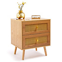 BTFY Rattan Bedside Table & Nightstand, Wicker Bedside Cabinet, Scandi 2 Drawer Bedside Table, Cane End Table for Lounge & Bedroom