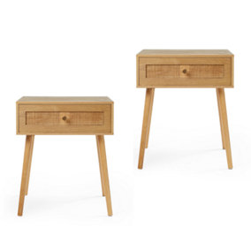 BTFY Rattan Bedside Tables Set of 2, Nightstands w/Wood Veneer for Bedroom w Tapered Legs & Gold Handles, Side Tables Living Room