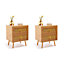 BTFY Rattan Bedside Tables Set of 2, Nightstands w/Wood Veneer, Wicker Bedside Cabinets w/ Tapered Legs & Gold Handles