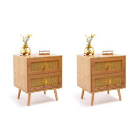 BTFY Rattan Bedside Tables Set of 2, Nightstands w/Wood Veneer, Wicker Bedside Cabinets w/ Tapered Legs & Gold Handles
