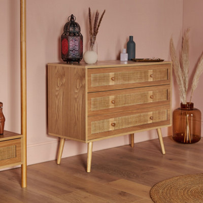 BTFY Rattan Chest of Drawers with Natural Wood Veneer, Wicker Bedroom  Drawers, Scandi 3 Drawer Clothes Cabinet for Bedroom