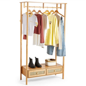 BTFY Rattan Open Wardrobe, Freestanding Clothing Rail, Clothes Rail w/ 2 Drawers, Scandi Clothes Rack, Clothes Storage for Bedroom