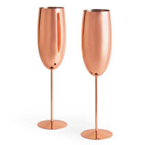 BTFY Rose Gold Champagne Flutes Set, 2 Copper Stainless Steel Prosecco Glasses, 250ml Shatterproof Champagne Tulip Glasses w/ Long