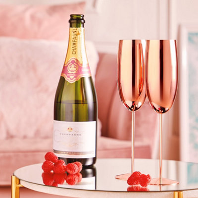 BTFY Rose Gold Champagne Flutes Set 2 Copper Stainless Steel Prosecco Glasses 250ml Shatterproof Champagne Tulip