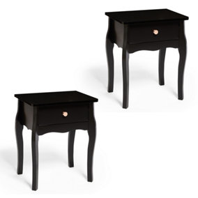 BTFY Set of 2 Black Bedside Tables, Wooden 1 Drawer Bedside Cabinets, Baroque Vintage Style Nightstands with Rose Gold Handle