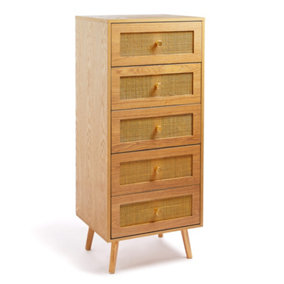 BTFY Tall Chest of Drawers, Rattan Bedroom Drawers, Wood Veneer & Wicker Tall Dresser, Scandi 5 Drawer Clothes Storage for Bedroom