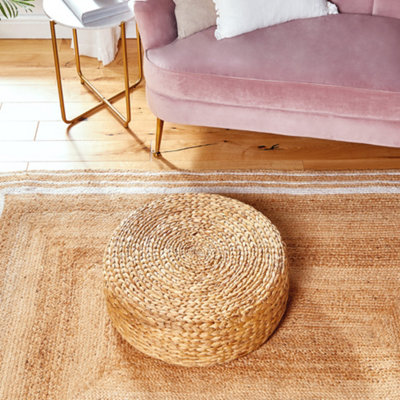 BTFY Water Hyacinth Pouffe Footstool Large Woven Low Pouf Foot Rest Round Natural Tan Ottoman Boho