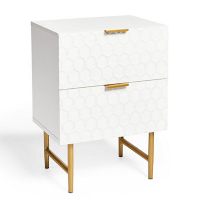 BTFY White Bedside Table 2 Drawer Nightstand Honeycomb Look Bedside Cabinet with Gold Legs Bed Side