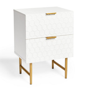 BTFY White Bedside Table, 2 Drawer Nightstand, Honeycomb Look Bedside Cabinet with Gold Legs - Bed Side Table for Bedroom & Lounge