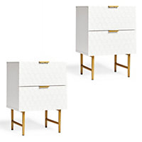 BTFY White Bedside Tables Set of 2, Pair of Nightstands with Honeycomb Design, Glossy Lacquer Finish, Gold Legs & Handle