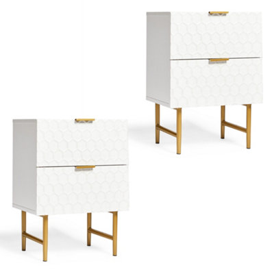 BTFY White Bedside Tables Set of 2, Pair of Nightstands with Honeycomb Design, Glossy Lacquer Finish, Gold Legs & Handle