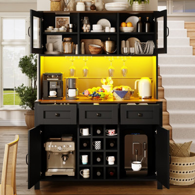 BTM 120cm Tall Kitchen Cabinet with 4 Doors 3 Drawers LED USB Ports Black