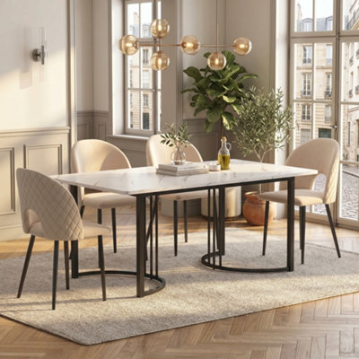 BTM 140x80cm Modern Dining Table, Marble Effect Top, Metal Frame, Adjustable Feet, White/Black