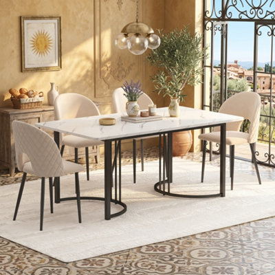 BTM 140x80cm Modern Dining Table, Marble Effect Top, Metal Frame, Adjustable Feet, White/Black