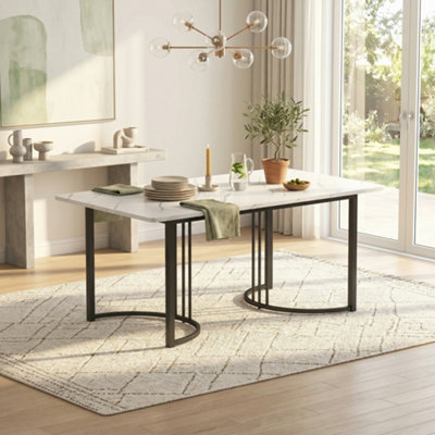 BTM 140x80cm Modern Dining Table, Marble Effect Top, Metal Frame, Adjustable Feet, White/Black