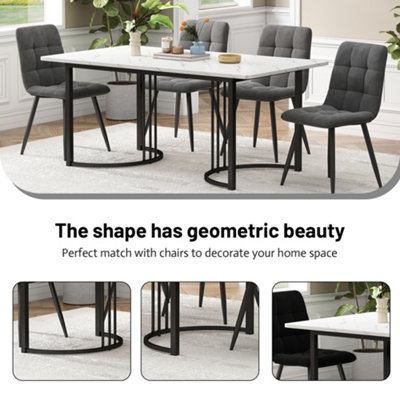 BTM 140x80cm Modern Dining Table, Marble Effect Top, Metal Frame, Adjustable Feet, White/Black
