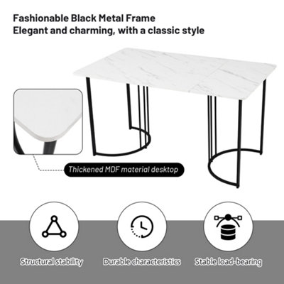 BTM 140x80cm Modern Dining Table, Marble Effect Top, Metal Frame, Adjustable Feet, White/Black