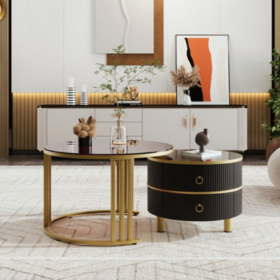 BTM 2-in-1 MDF Round Coffee Table Set with High-Gloss Top & Brown Tempered Glass Side Table, 2 Drawers, for Living Room