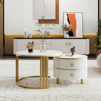 BTM 2-in-1 MDF Round Coffee Table with Glossy Surface & White Marble Top, 2 Drawers, White, Living Room Set