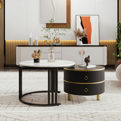 BTM 2-in-1 MDF Round Coffee Table with Glossy Surface & White Marble Top, Living Room Set with 2 Drawers, White & Black