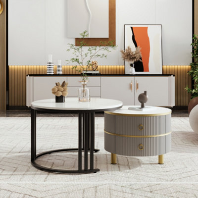 BTM 2-in-1 MDF Round Coffee Table with Glossy Surface & White Marble Top, Living Room Set with 2 Drawers, White & Grey