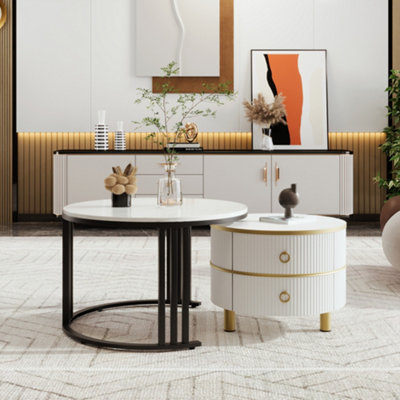 BTM 2-in-1 MDF Round Coffee Table with Glossy Surface & White Marble Top, Living Room Set with 2 Drawers, White