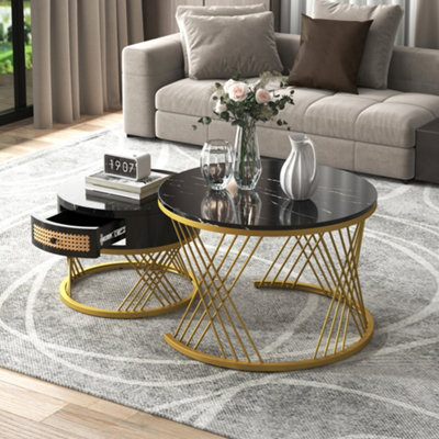 BTM 2-in-1 MDF Round Coffee Table with Marble Grain Top, Rattan Drawers & Wood Handles, Gold Iron Legs, Living Room Set