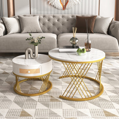 BTM 2-in-1 MDF Round Coffee Table with Marble Grain Veneer, Rattan Drawers & Wood Handles, Gold Iron Legs, Living Room Set