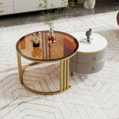 BTM 2-in-1 Round MDF Coffee Table Set with High-Gloss & Brown Tempered ...