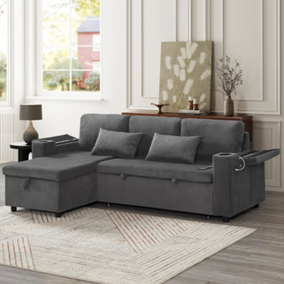 BTM 3 in 1 convertible corduroy sofa bed L shaped sleeper sofa with ...