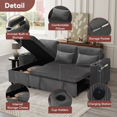 BTM 3 in 1 convertible corduroy sofa bed L shaped sleeper sofa with ...