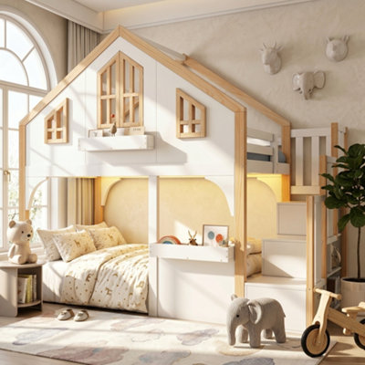 BTM 3ft Children's Loft Bed, Wooden House Bed with LED Lighting And ...