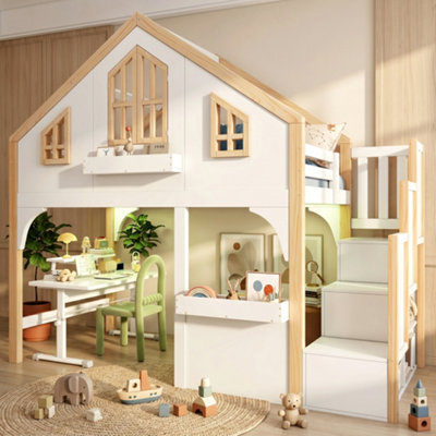 BTM 3ft Children's Loft Bed, Wooden House Bed with LED Lighting And ...
