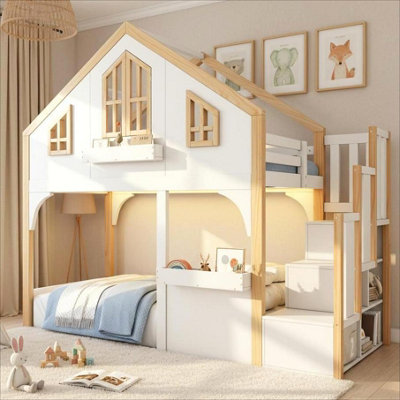 BTM 3ft Children's Loft Bed, Wooden House Bed with LED Lighting And ...