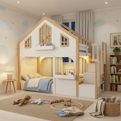 BTM 3ft Children's Loft Bed, Wooden House Bed with LED Lighting And ...